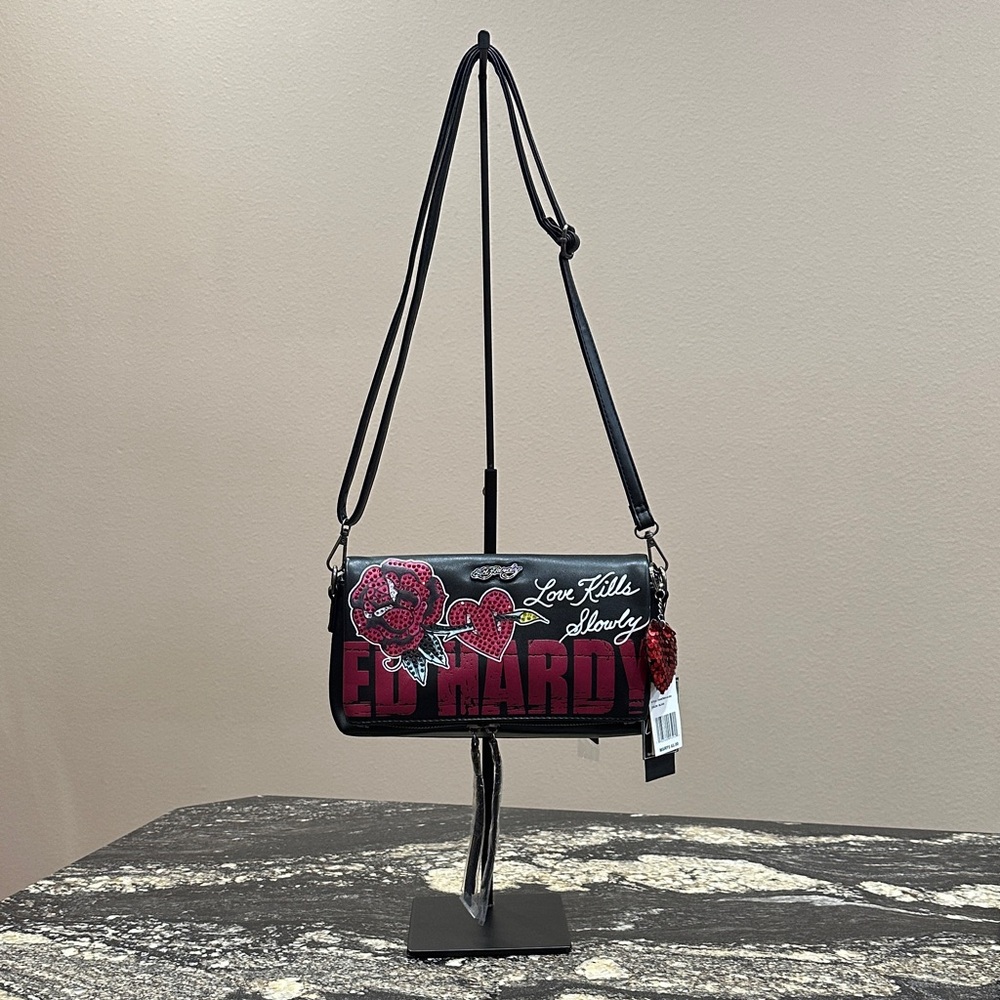 Ed Hardy Black and Red Crossbody Bag with Rose Patch